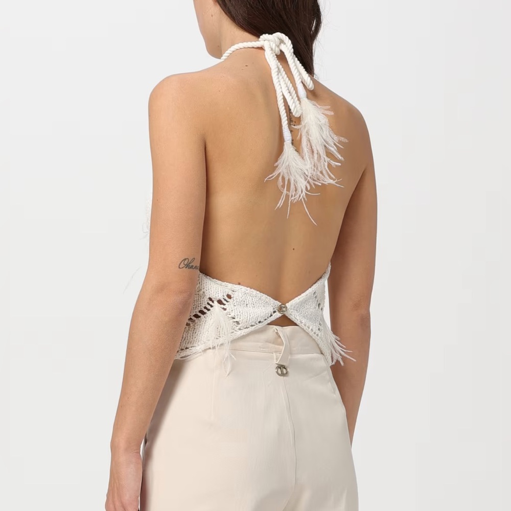 Twin-Set White Crochet Halter Top diamond feather knit indah andi bagus designer - Picture 2 of 10